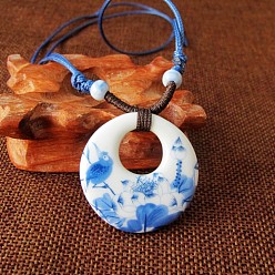 Ring Этнический стиль фарфоровый кулон регулируемый шнур ожерелья для женщин, королевский синий, кольцо, 23.62 дюйм (60 см)