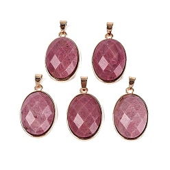 Rhodonite Natural Rhodonite Pendants, Brass Oval Bezeled Charms, with Iron Snap On Bails, Faceted, Golden, 31.5x20x8~9mm, Hole: 6.5~7.5x3.5~4.5mm