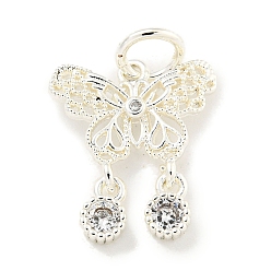 Silver Brass Cubic Zirconia Pendants, with Jump Ring, Long-Lasting Plated, Lead Free & Cadmium Free, Butterfly Charms, with Jump Ring, Silver, 17x14x2.5mm, Hole: 4mm