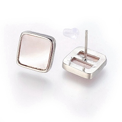 Platinum Brass Stud Earrings, with Shell and Ear Nuts, Square, Platinum, 12x12x2.5mm, Pin: 1.1mm