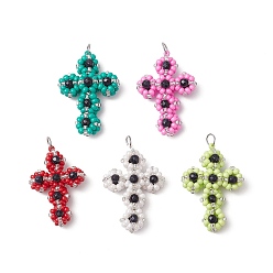 (52) Непрозрачная лаванда Подвески-кресты из стеклянного бисера, с 304 петлей из нержавеющей стали и синтетическими синими бусинами из авантюрина, цвет нержавеющей стали, разноцветные, 38x27x11 мм, отверстие : 4.5 мм