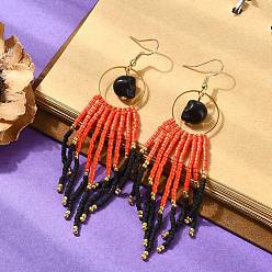 Red Glass Seed Tassel Earrings for Women, Skull, Dyed Synthetic Turquoise & Brass Dangle Earrings, Red, 95x30mm