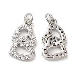 Platinum Eco-Friendly Brass Micro Pave Cubic Zirconia Pendants, with Jump Ring, Lead Free & Cadmium Free, Heart Charm, Platinum, 18x10x3mm, Hole: 3mm