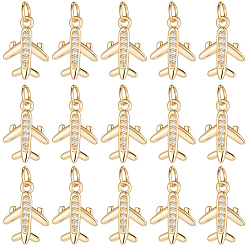 Plaqué 18K Or Véritable 20 pcs rack placage laiton micro pavé clair pendentifs en zircone cubique, avion, plaqué longue durée, avec des anneaux de saut, sans plomb et sans cadmium, réel 18 k plaqué or, 15x11x2mm, Trou: 4mm
