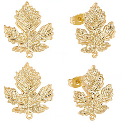 Настоящее золото 18K 4 пары латунных сережек-гвоздиков, с петлей, лист, реальный 18 k позолоченный, 21.5x18 мм, отверстие : 1 мм, штифты : 11.5x0.8 мм