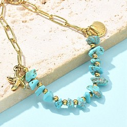 Синтетическая Бирюза 304 браслеты из нержавеющей стали с синтетическими бирюзовыми бусинами, Цепочки-скрепки в форме морских звезд и ракушек для женщин, 7-1/2 дюйм (19 см)