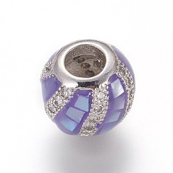 Лиловый Латунные микро проложить Цирконий Европейский бисером, бусины с большим отверстием, с эмалью и пресноводной оболочкой, круглые, платина, сирень, 10x8 мм, отверстие : 4 мм