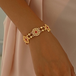 Красный Браслеты из сплава с микро-паве из кубических цирконий для женщин, плоский круг с цветком и веером, золотые, красные, внутренний диаметр: 7-1/4 дюйм (18.5 см)