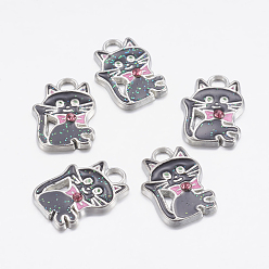 Schwarz Aluminium Emaille Kätzchen Anhänger, mit Strass, Bleifrei und cadmium frei, Cartoon Katzenform, Platin Farbe, Schwarz, 19x14x3 mm