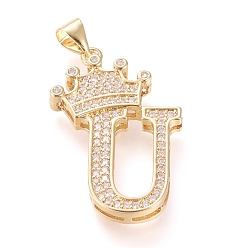 Letter U Латунные микро проложить кубического циркония подвески, долговечный, со сменными под залог, letter.u с короной, реальный 18 k позолоченный, прозрачные, letter.u, и: 27.5x18.5x4 мм, отверстие : 3x4 мм