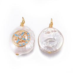 Темно-Голубой Подвески из натурального пресноводного жемчуга, с латунной кубической фурнитурой, самородки с плоской круглой и звездой, золотые, глубокое синее небо, 17~26x11~16x5~11 мм, отверстие : 1.6~2 мм