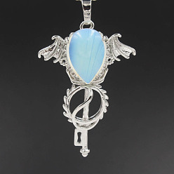 Opalite Opalite Pendants, with Platinum Plated Brass Findings, Wing with Key Charms, 47x32x11mm