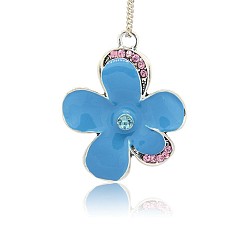 Deep-Sky-blau Antikes Silber überzogene Emaille Blumenanhänger, mit Strass-Steinen, Deep-Sky-blau, 50x39x7 mm, Bohrung: 4 mm