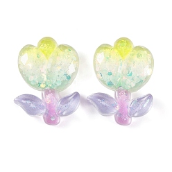 Yellow Transparent Epoxy Resin Flower Decoden Cabochons, with Glitter Powder, Yellow, 23.5x17.5x5mm