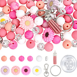 Hot Pink DIY Keychain Making Kits, including Silicone Beads, Faux Suede Tassel Pendant Decorations, Brass Rhinestone Spacer Beads, Alloy Clasps and Elastic Thread, Hot Pink, 0.8mm