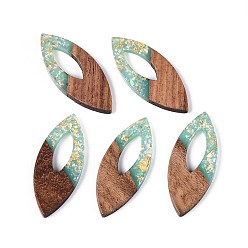Бледно-бирюзовый Подвески из непрозрачной смолы и орехового дерева, Очарование лошадиных глаз, с блестящей пудрой и золотой фольгой, бледные бирюзовая, 38x15.5x3~3.5 мм, отверстие : 2 мм