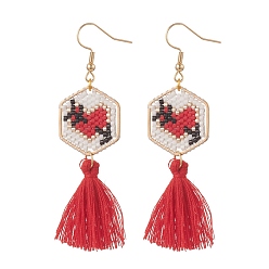 Сердце Плетеные шестиугольные серьги с подвесками из стеклянных косточек, с хлопчатобумажными кистями, золотые украшения 304 из нержавеющей стали для женщин, сердце, 72~75 мм, штифты : 0.7 мм