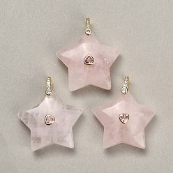 Rose Quartz Natural Rose Quartz Pendants, Star Charms, with Brass Pave Cubic Zirconia Findings, Golden, 30~32.5x31.5~34x11~12.5mm, Hole: 6x7mm