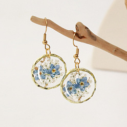 Стально-синий Серьги-подвески из сплава эпоксидной смолы с засушенными цветами, с стальными шпильками, плоско-круглые, золотые, стальной синий, 41x21 мм