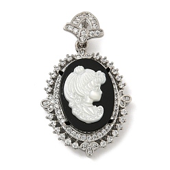 Платинированный Латунные микропаве прозрачные подвески с фианитом, без кадмия, без никеля и без свинца, с оболочкой, овальные с девушкой, Реальная платина, 35.5x22x10 мм, Застежка: 9x9.5x4 мм.