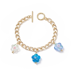 Deep Sky Blue Lampwork Flower Charm Bracelet with Aluminium Curb Chains for Women, Deep Sky Blue, 7-1/2 inch(19cm)