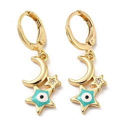 Dark Turquoise Golden Brass Dangle Leverback Earrings, with Enamel and Cubic Zirconia, Moon & Star with Evil Eye, Dark Turquoise, 32x11mm