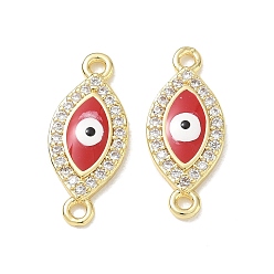 Red Brass Micro Pave Clear Cubic Zirconia Connector Charms, Evil Eye Marquise Links, with Enamel, Long-Lasting Plated, Rack Plating, Lead Free & Cadmium Free, Real 18K Gold Plated, Red, 20x8.5x3mm, Hole: 1.2mm