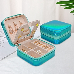 Medium Turquoise Mini Travel Imitation Leather Storage Box for Women, Square Portable Jewelry Case Organizer for Earrings Rings, with Snap Button and Mirror, Medium Turquoise, 10x10x5cm