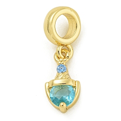 Светло-Синий Стойка покрытие латунь паве кубический цирконий щит европейские подвески подвески, Подвески с большими отверстиями, реальный 18 k позолоченный, без свинца и без кадмия, долговечный, голубой, 13.5x7x3.7 мм, отверстие : 4.6 мм