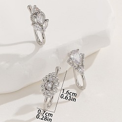 Платина 3 шт. 3 стили латунные кольца для носа с прозрачным кубическим цирконием, цветочное сердце, платина, 16x7 мм, 1 шт / стиль