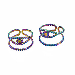 Rainbow Color 304 Stainless Steel Open Pad Ring Settings, Evil Eye with Flat Round, Rainbow Color, Tray: 3mm, US Size 9 3/4(19.5mm)
