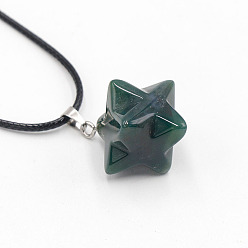 (RRHB277) Кристалл на подкладке из медово-бежевого цвета Подвеска в виде звезды из натурального индийского агата, ожерелье из черного искусственного кожи, со сплавочной фурнитурой, платина, 19.69 дюйм (50 см)