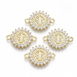 Золотой Соединители из латуни с микропаве и кубическим цирконием, без кадмия и без свинца, религия, плоско-круглые, Святой бенедикт, прозрачные, золотые, 14.5x19.5x2.5 мм, отверстие : 1.6 мм
