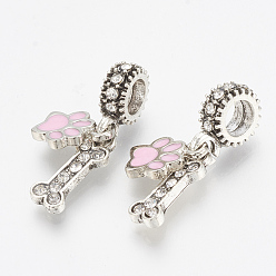 Pink Alloy Rhinestone European Dangle Charms, with Enamel, Large Hole Pendants, Dog Paw Prints & Bone, Antique Silver & Platinum, Pink, 25mm, Hole: 4.5mm