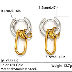 Golden & Stainless Steel Color Two Tone 304 Stainless Steel Hoop Earrings, Oval, Golden & Stainless Steel Color, 37x12mm