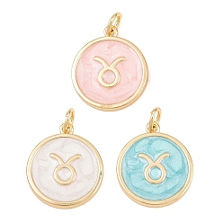 Taurus Brass Enamel Pendants, Flat Round & Constellation Charms, Rack Plating, Long-Lasting Plated, Cadmium Free & Lead Free, Golden, Taurus Charms, 17.5x15x2mm, Hole: 3mm