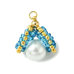 Темно-Голубой Бусины из ракушек и жемчуга стеклянные подвески, с бисером и золотыми 304 кольцами из нержавеющей стали, формы раковины, глубокое синее небо, 19~21x14~16x12~13 мм, отверстие : 2.5 мм