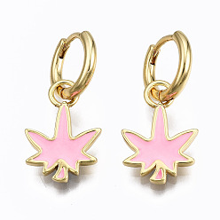 Pink Huggy Creolen aus Messingemaille, Nickel frei, echt 16 k vergoldet, Ahornblatt, rosa, 27x13 mm, Stift: 1 mm