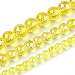 Yellow Electroplate Transparent Glass Beads Strands, AB Color Plated, Round, Yellow, 8~8.5mm, Hole: 1.5mm, about 51~53pcs/strand, 14.96 inch~15.55 inch(38~39.7cm)