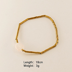 Розовый Кварц 304 Эластичные браслеты из нержавеющей стали и бусин из натурального розового кварца для женщин, реальный 18 k позолоченный, 7.09 дюйм (18 см)