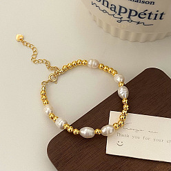 Золотой Браслеты из латунных круглых бусин с натуральным пресноводным жемчугом, золотые, 5-7/8 дюйм (15 см)