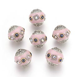 Pink Полимерная глина бисера, со стразами и антикварными серебряными металлическими находками, овальные, розовые, 14~16x13~14 мм, отверстие : 1.8 мм