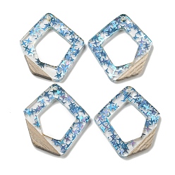 Темно-Голубой Деревянные подвески, смола и золотая фольга, многоугольник, глубокое синее небо, 36x33x4 мм, отверстие : 2 мм