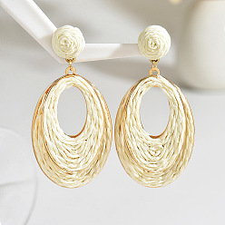 Светло-желтый Овальные серьги-гвоздики из рафии, золотые, светло-желтый, 70x34 мм