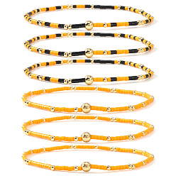 Оранжевый 6 Браслеты ручной работы из стеклянного бисера и латунных бусин, эластичные., Регулируемый набор украшений для женщин, которые можно носить в несколько рядов., оранжевые, 6.50 дюйм (16.5 см)