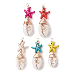 (52) Непрозрачная лаванда Синтетическая бирюзовая бусина с натуральными смешанными бусинами из ракушек каури и подвесками из экологически чистой медной проволоки и латунных бусин, морская звезда, разноцветные, 36.5~41.5x13.5~14x8~8.5 мм, отверстие : 2 мм