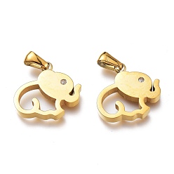 Golden Ion Plating(IP) 304 Stainless Steel Pendants, with Crystal Rhinestone, Manual Polishing, Hollow, Elephant, Golden, 19x20x3mm, Hole: 6x2.5mm