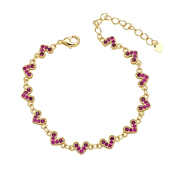 Фуксиновый Браслеты с звеньями из латуни и циркония в виде сердца для женщин с микропаве, красно-фиолетовые, 6-7/8 дюйм (17.5 см)