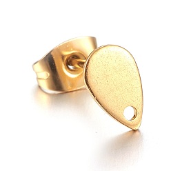 Золотой Ионное покрытие (ip) 304 детали серьги-гвоздики из нержавеющей стали, с плоской пластиной, слеза, золотые, 8x5x0.6 мм, отверстие : 1.2 мм, штифты : 0.7 мм