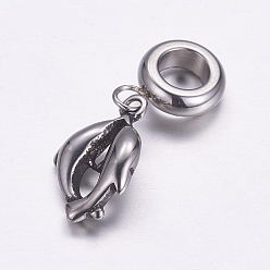 Antique Silver 304 Stainless Steel European Dangle Charms, Large Hole Pendants, Dolphin, Antique Silver, 26mm, Hole: 5mm, Pendant: 15.5x9.5x2.5mm